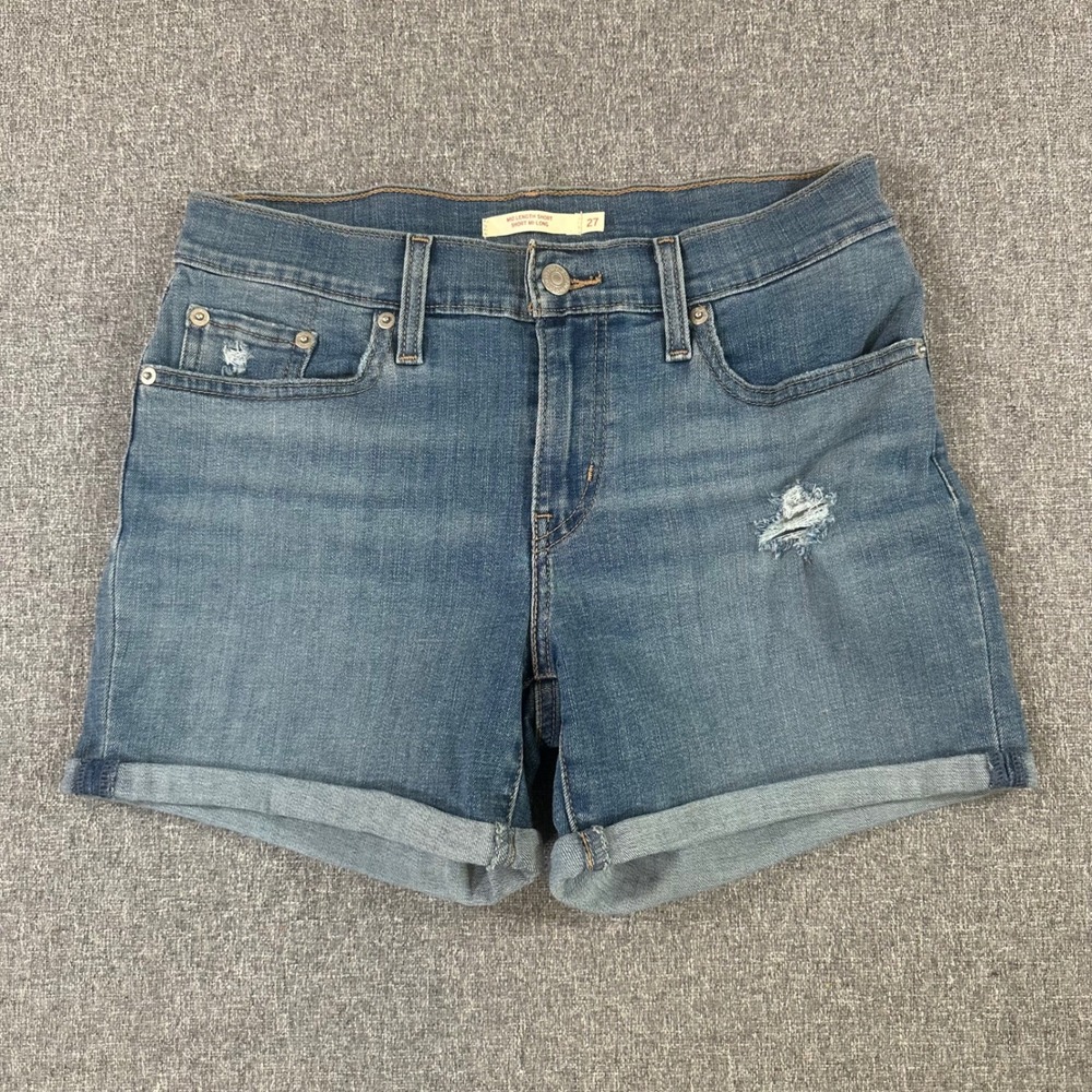 Levis Mid Length Denim Shorts Womens 27 Medium Wash Blue Cuffed Distressed Jean‎